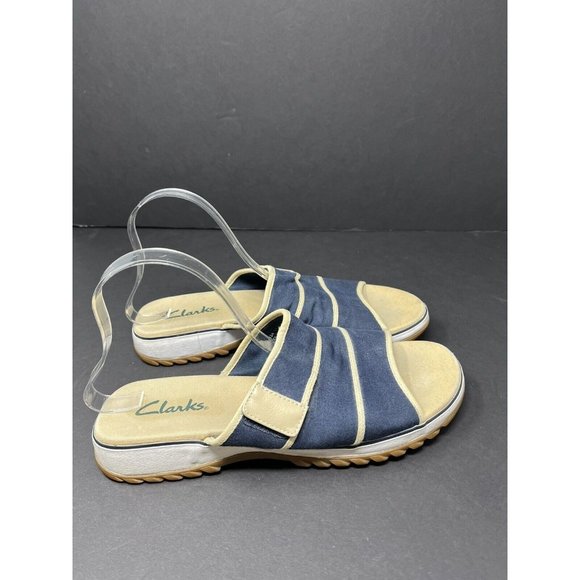 Clarks 36124 Navy Tan Canvas Hook & Loop Slide On Comfort Womens Sandals Sz 11M - Picture 4 of 7